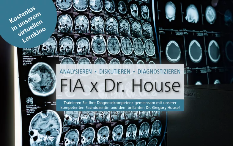 Einleitungsbild zur Veranstaltungsreihe „FIA x Dr. House“: MRT Bild eines menschliches Schädels