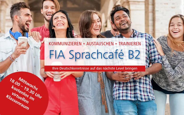 Einleitungsbild zur Veranstaltungsreihe „FIA Sprachcafé B2“: Eine Gruppe von Sprachstudenten steht zusammen und lacht