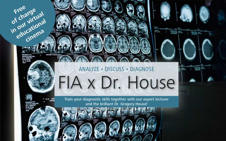 Introductory image for the event series “FIA x Dr. House”: MRI image of a human skull