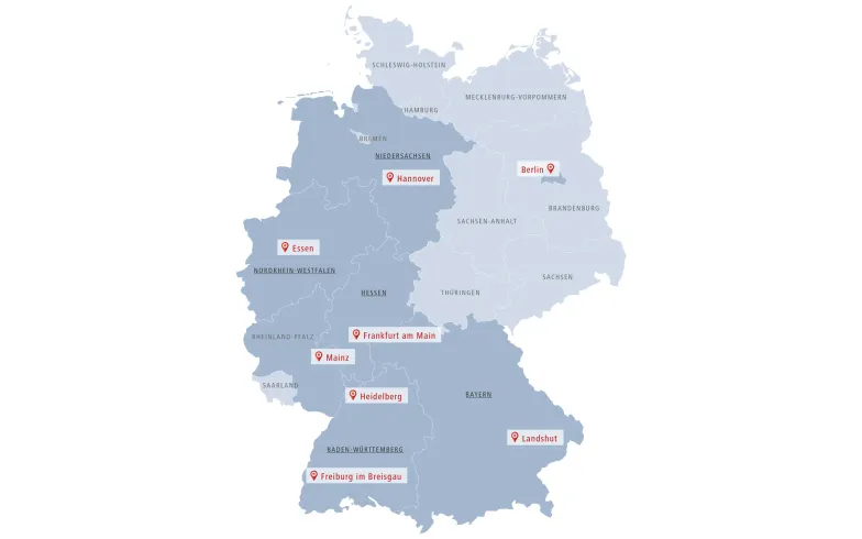 Deutschlandkarte mit den eingezeichneten FIA Schulungsstandorten