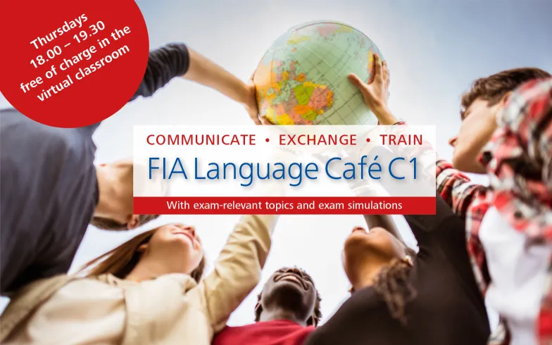 Introductory picture to the event series “FIA Language Café C1”: International students hold a globe in the air together