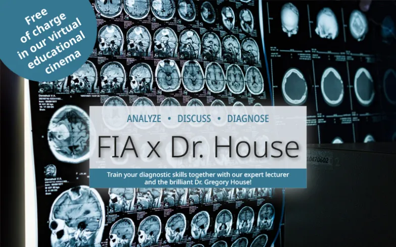 Introductory image for the event series “FIA x Dr. House”: MRI image of a human skull
