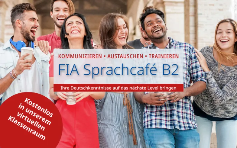 Einleitungsbild zur Veranstaltungsreihe „FIA Sprachcafé B2“: Eine Gruppe von Sprachstudenten steht zusammen und lacht