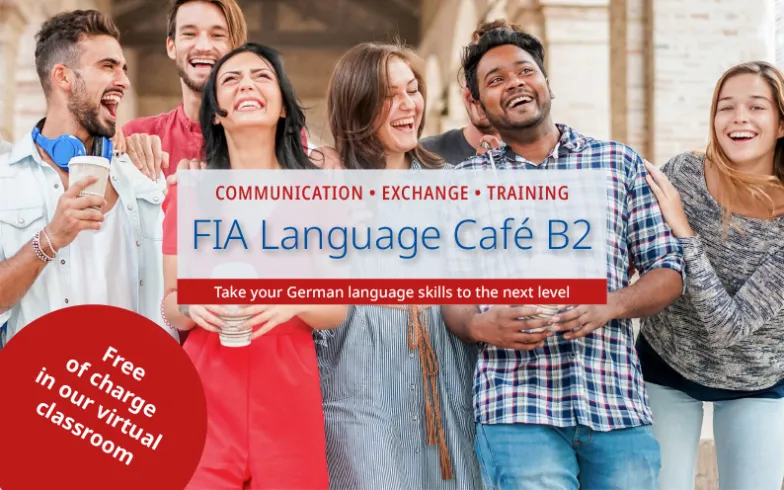 Introductory image for the "FIA Language Café B2" event series: A group of language students standing together and laughing