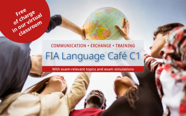 Introductory picture to the event series “FIA Language Café C1”: International students hold a globe in the air together