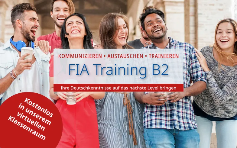 Einleitungsbild zur Veranstaltungsreihe „FIA Training B2“: Eine Gruppe von Sprachschülern, die zusammen stehen und lachen