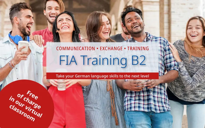 Introductory image for the "FIA Training B2" event series: A group of language students standing together and laughing