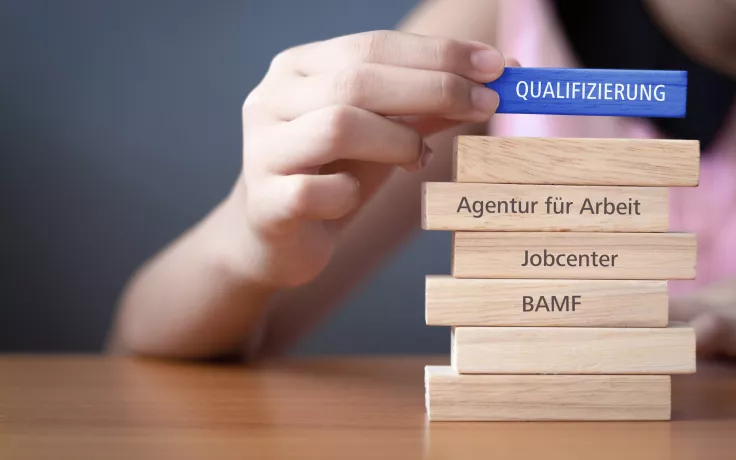 Einleitungsbild Kursförderung: Eine Hand stapelt Bauklötze mit den Namen der Förderinstitutionen