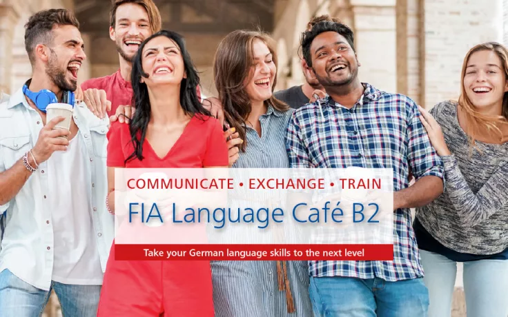 Image d'introduction pour le café linguistique B2 : un groupe d'étudiants en langues se tient ensemble et rit.