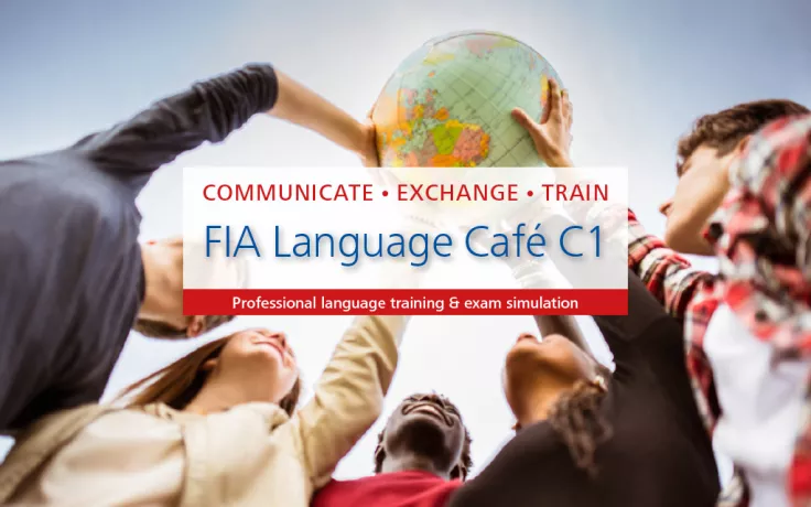 Introductory picture to the event series “FIA Language Café C1”: International students hold a globe in the air together