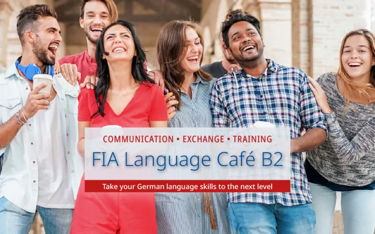 Introductory image for the "FIA Language Café B2" event series: A group of language students standing together and laughing