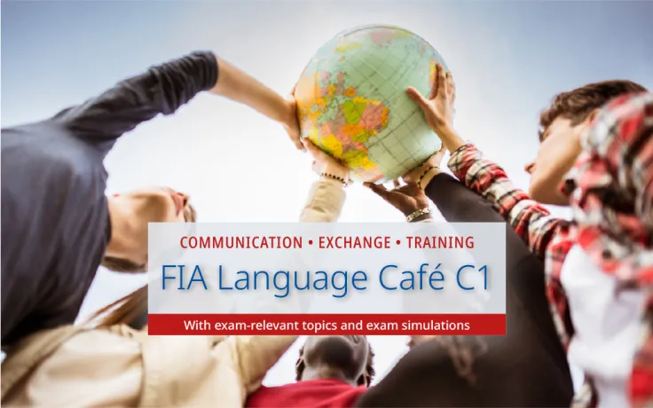 Image d'introduction à la série de manifestations « FIA café de langue C1 » : Des étudiants internationaux tiennent ensemble un globe en l'air