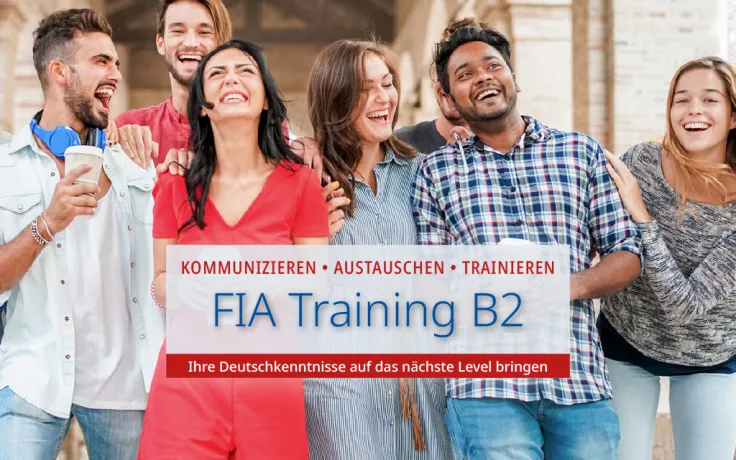 Einleitungsbild zur Veranstaltungsreihe „FIA Training B2“: Eine Gruppe von Sprachschülern, die zusammen stehen und lachen