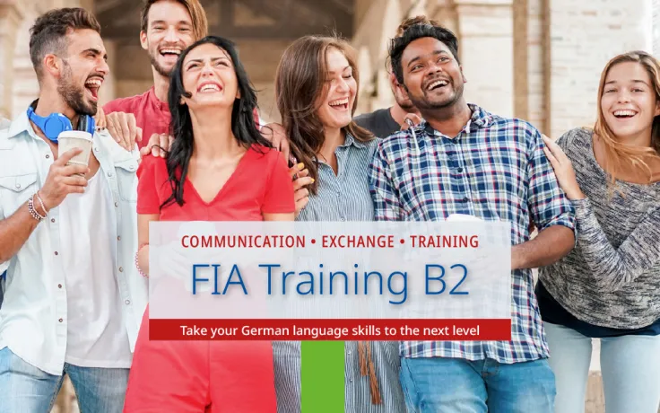 Introductory image for the "FIA Training B2" event series: A group of language students standing together and laughing