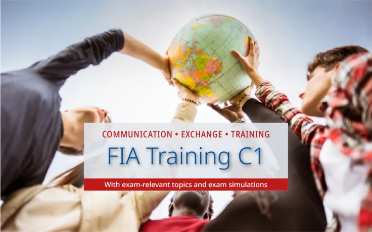 Introductory picture to the event series “FIA Language Café C1”: International students hold a globe in the air together